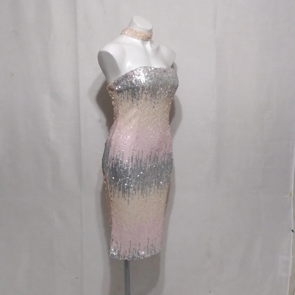 L’Atiste NWT Ombre Sequin Bodycon Dress Strapless High Neck Party Cocktail Large - Picture 7 of 16